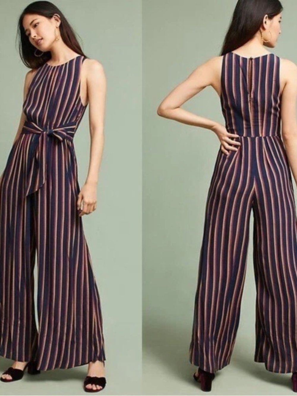 Anthropologie Plenty Tracy Reese Women Striped Wide Leg Jumpsuit, Size L EUC